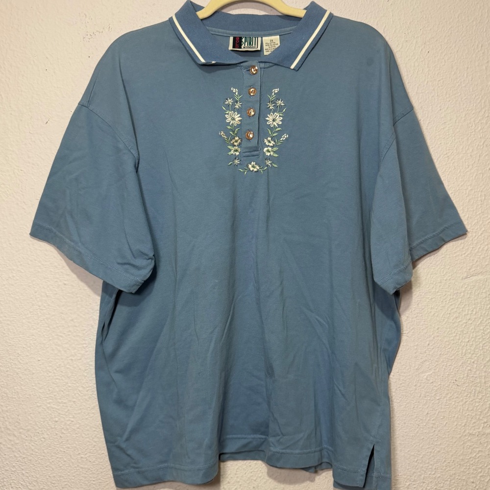 Vintage Bold Spirit Floral Polo 2X Blue Womens 90s Grannycore Cottagecore Casual
